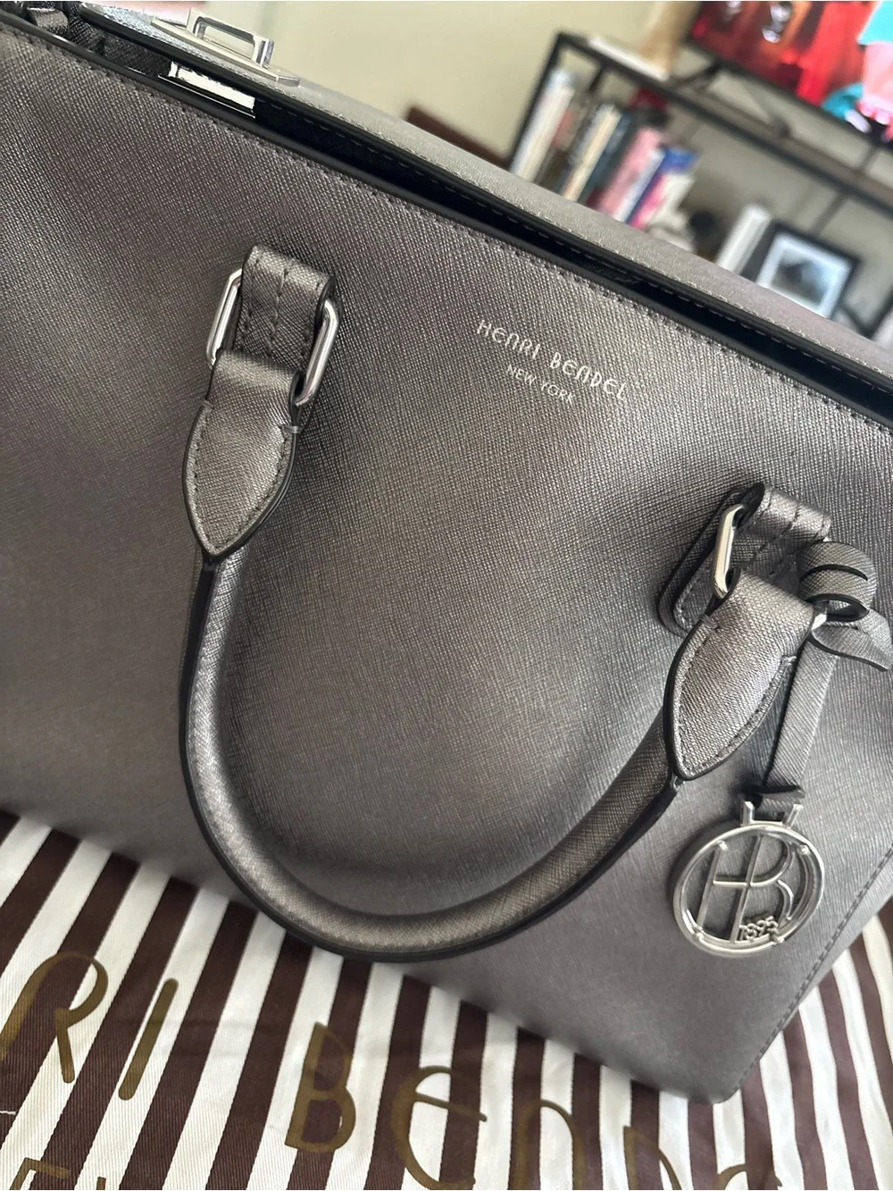 henri bendel Metallic Gray Leather Satchel with Logo Charm